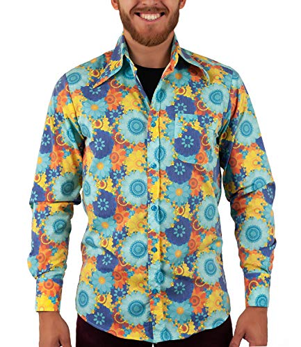 Comycom Flower Power 70er Blumenhemd Türkis Bunt, Hellblau Türkis Gelb Orange, XXL