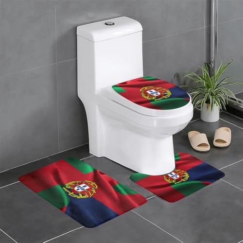 Wurton Badezimmerteppich-Set mit portugiesischer Flagge, Polyester, stilvoll, funktional, Badezimmerteppich, Zubehör, 3 Stück