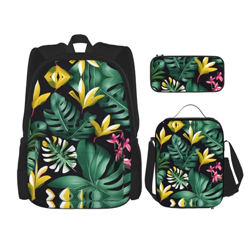 WURTON Hawaiian Tropical Leaves Flower Print Travel Lunch Box Pencil Case Backpack Set 3 Pieces Adjustable Straps Lightweight, Schwarz, Einheitsgröße