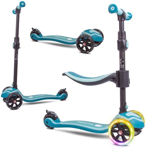 sunbaby Flash 3in1 Kinder Dreirad Scooter | Kickroller mit LED Rollen | Kinderroller mit abnehmbaren Sattel | Balance Scooter mit DREI Räder | Türkis