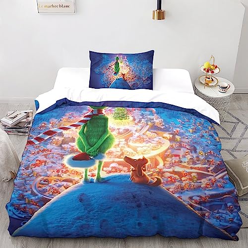 UKALOU The-Grinch Hochwertiges Duvet Cover Set Aus Mikrofaser, Cartoon-Animation 3-teilig - Quilt Cover Mit Verstecktem Reißverschluss Und Pillowcases Für Komfort Und Stil Single（135x200cm）