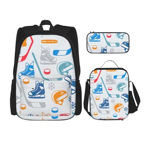 WURTON Hockey-Elemente, kreativer gemusterter Druck, 3-in-1-Sets, lässig, verstellbarer Schulter-Rucksack, Lunch-Tasche, Federmäppchen, Beutel, Schwarz, Einheitsgröße