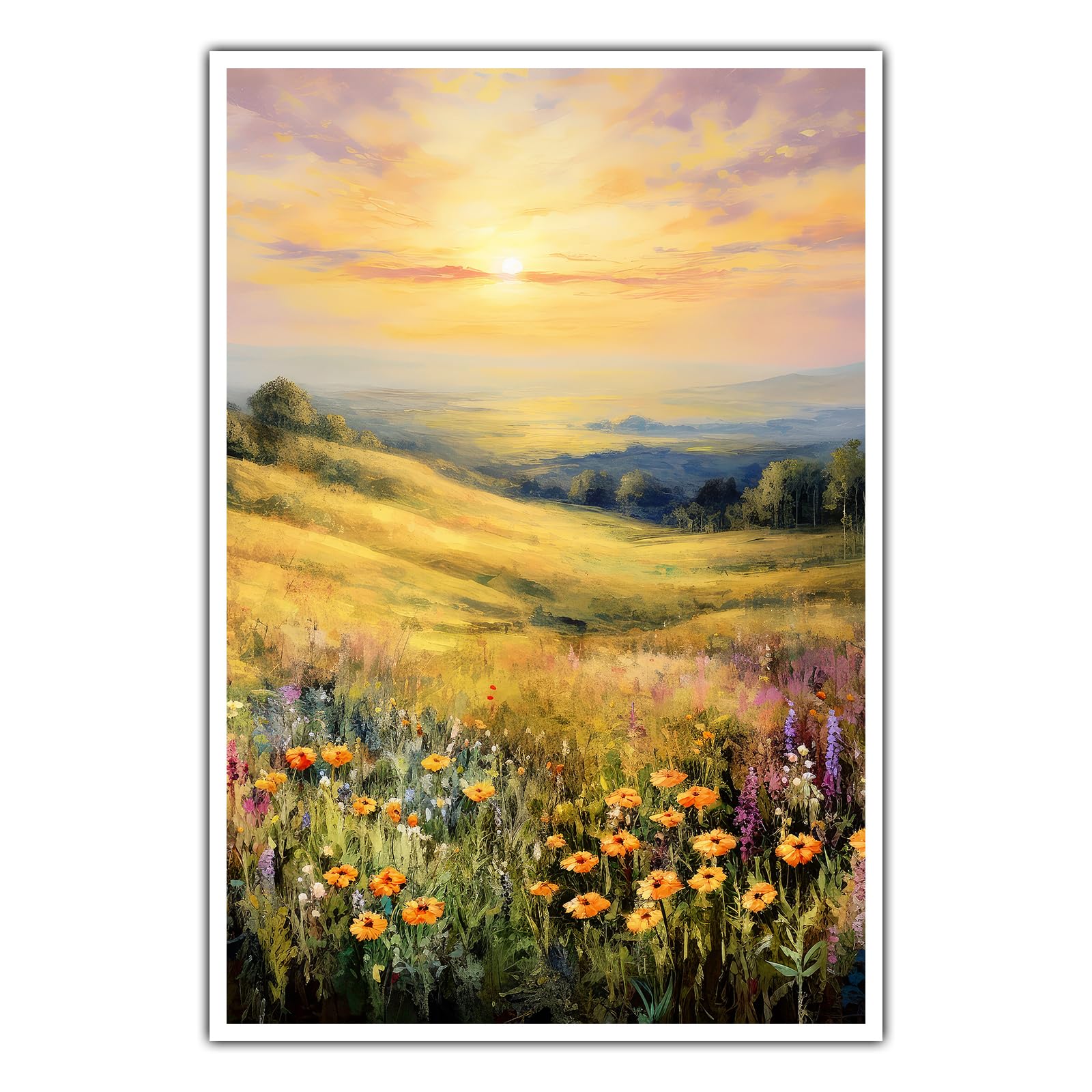 CanvasArts Frühling/Sommer Blumenwiese A - Poster - Blumen Landschaft Sonnenaufgang (70 x 50 cm, Poster, Blumenwiese A)