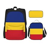 WURTON Trendige Rucksacktaschen und Federmäppchen, 3-in-1-Rucksack-Set, Motiv: Flagge von Rumänien, verstellbarer Rucksack, Schwarz , Einheitsgröße