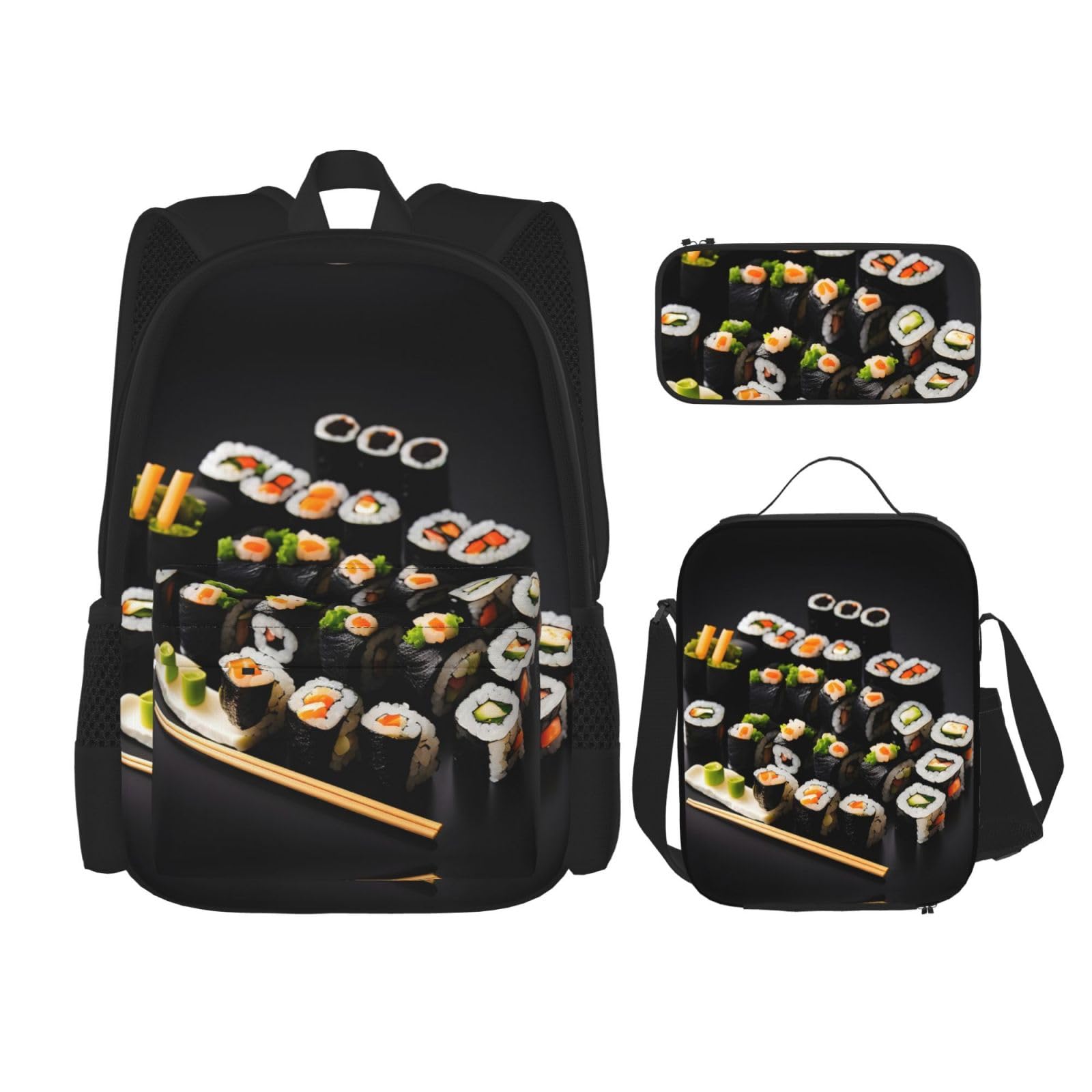 WURTON Japanische Sushi-Lunchbox, Federmäppchen, Rucksack-Set, 3-teilig, verstellbare Riemen, langlebig, leicht, Schwarz, One Size