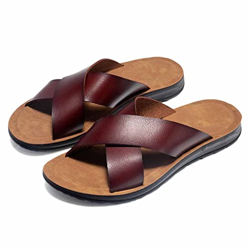 Herren Hausschuhe Sommermode Große Größe Strandschuhe Trendige Freizeitsandalen， Leichte Mode Echtes Leder Slip On Slide (Color : Brown, Size : EUR43)