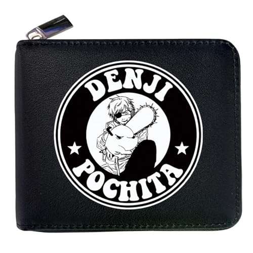 RYNDEX Chains-aw Man Geldtasche Anime, PU-Leder Münzbörsen mit Reißverschluss, Teenager Reisegeldbeutel für Taschengeld Fahrkarte(Color:Black 15)