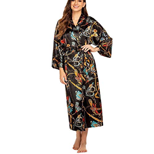 Damen Morgenmantel Seide Robe V-Ausschnitt Kimono Lose Nachtwäsche Print Bademantel Nachtwäsche Damen Hausmantel Roben Nachthemd 005-M