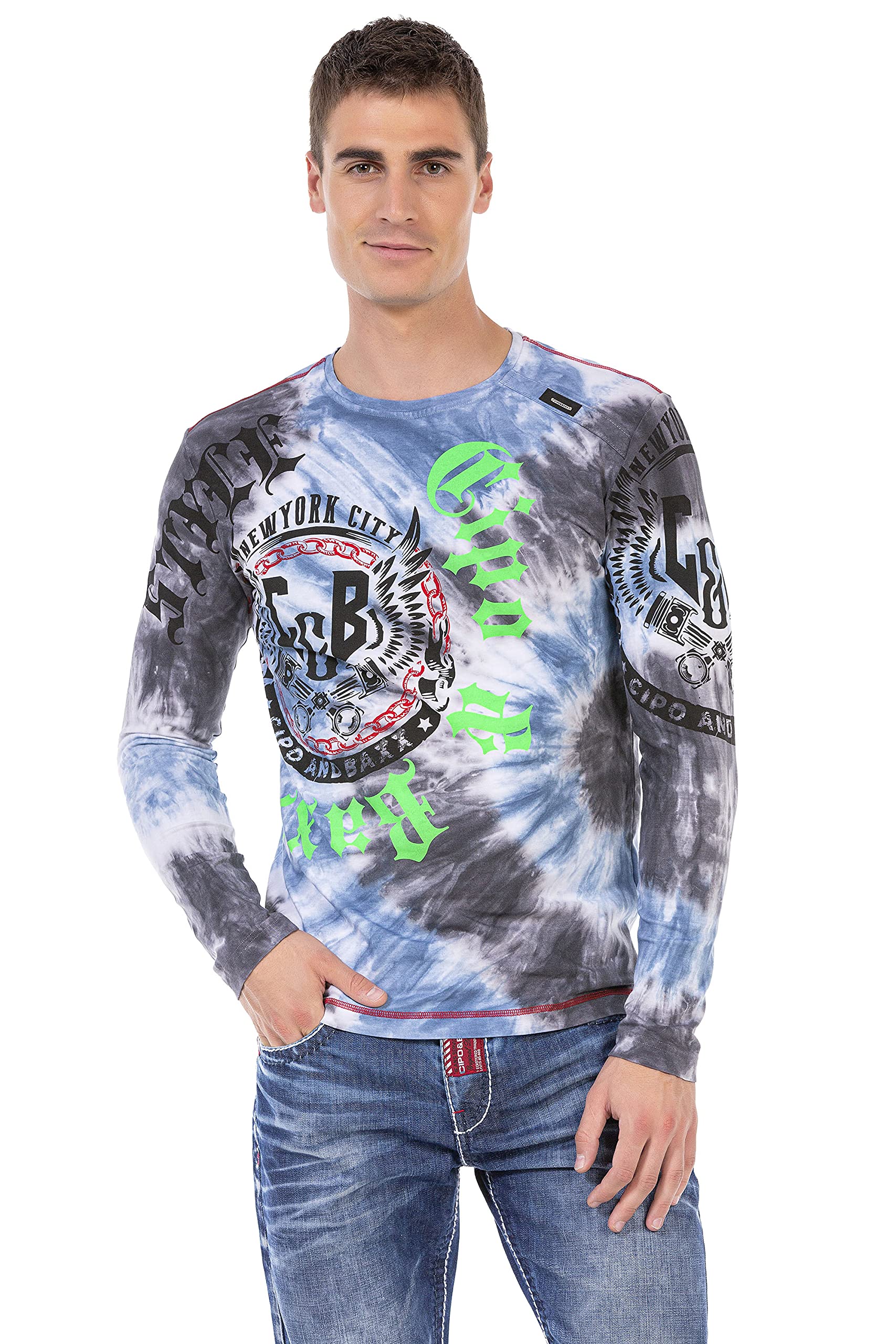 Cipo & Baxx Herren Longshirt Longsleeve Print Rundhalsausschnitt Shirt Langarm Sweater CL476 Blau S