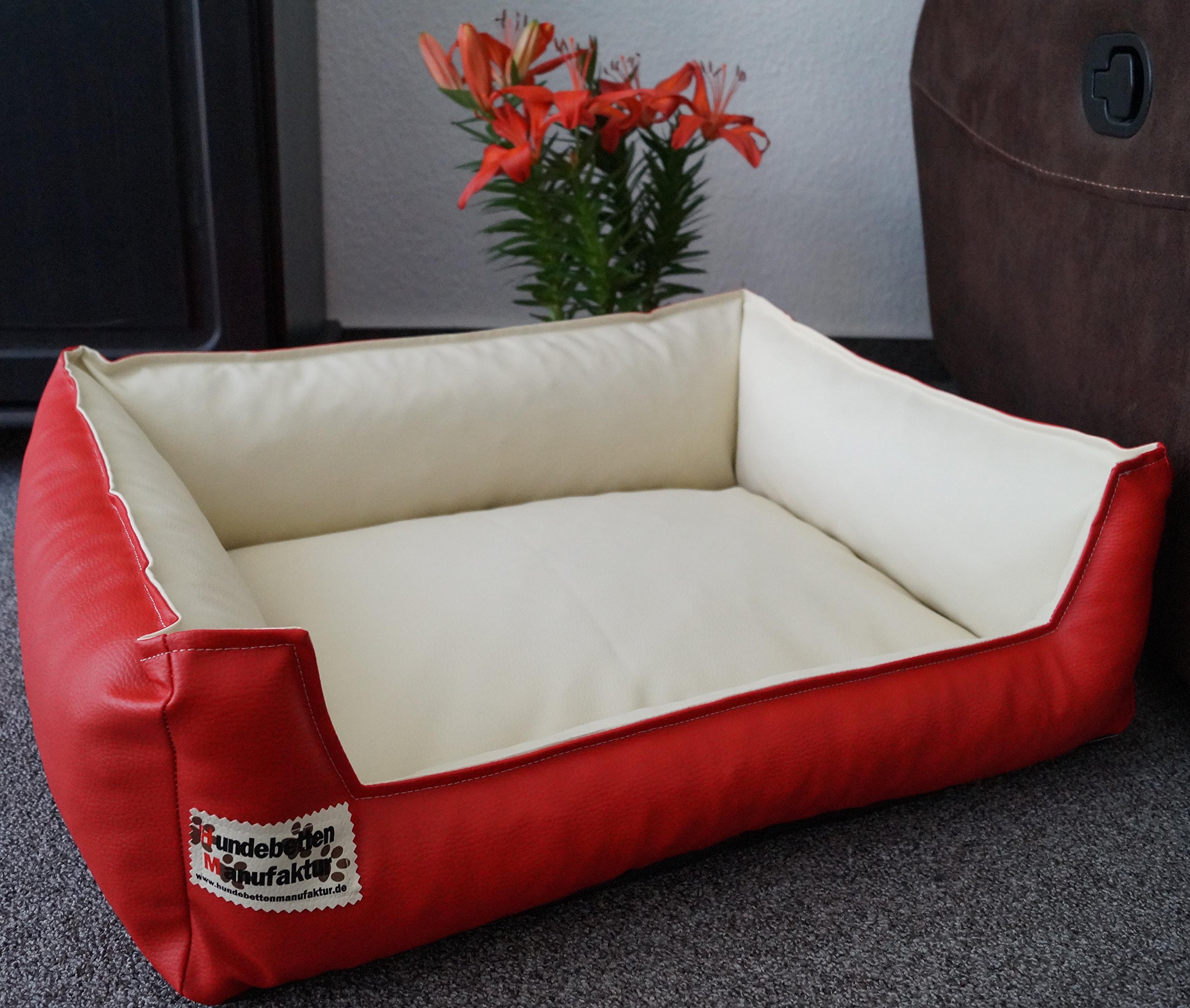 Hundebett Hundesofa Schlafplatz Kunstleder Similpelle Farbe und Größe wählbar von XS bis XXL (130 cm X 100 cm, rot Creme)