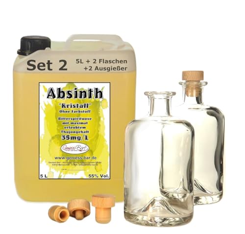 Absinth Gold Kristall 5 L ohne Farbstoff inkl 2 Flaschen 2 Ausgießer 55% Vol mit maximal erlaubtem Thujongehalt 35mg/L