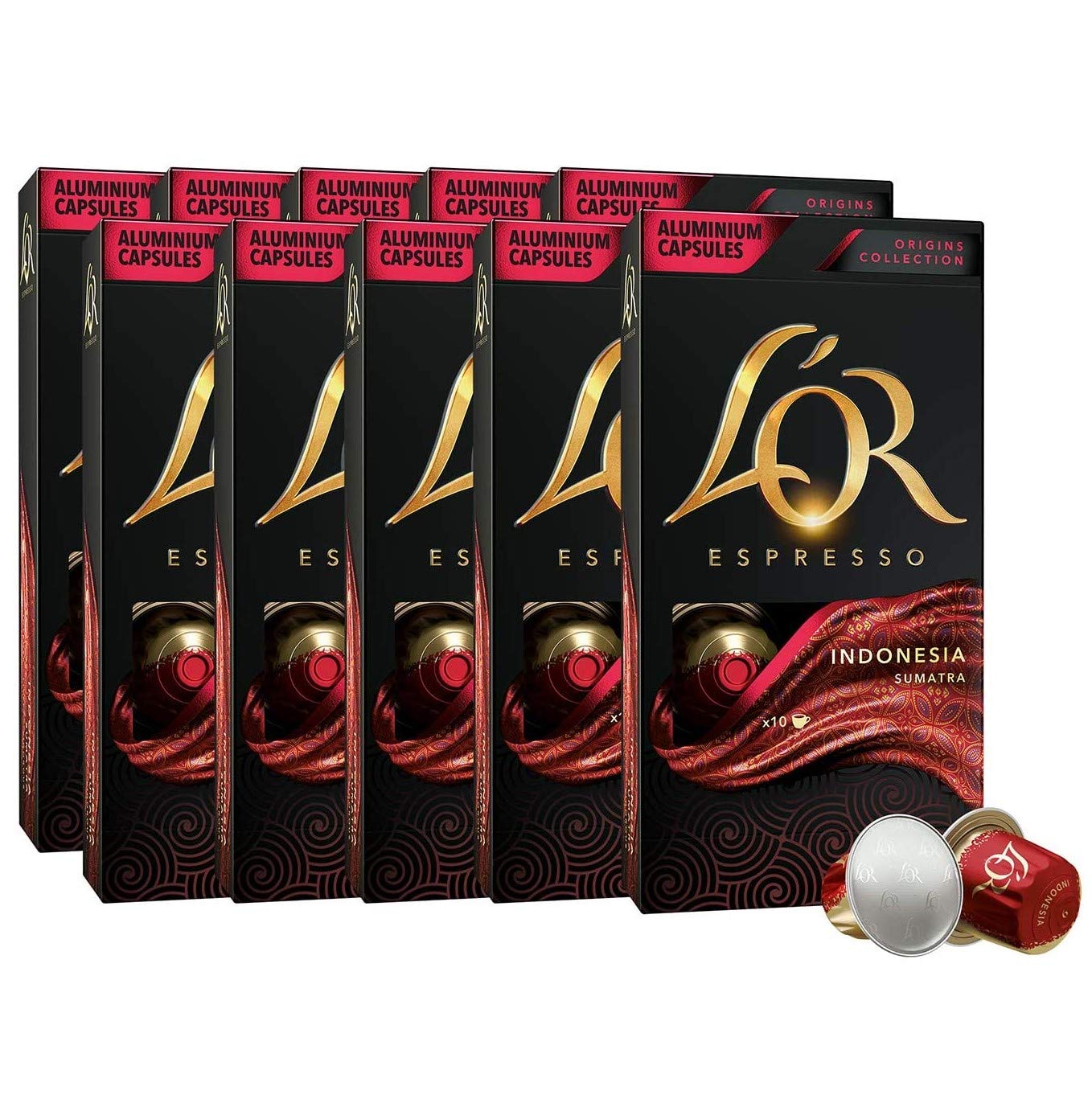 L’OR Espresso Kaffee Indonesia Intensität 9 – Nespresso®* kompatible Kaffeekapseln aus Aluminium - 10 Packungen mit 10 Kapseln (100 Getränke)