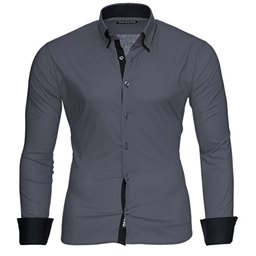 Reslad Hemd Herren Grau Hemden Herrenhemd Männer Hemd Slim Fit Langarm Hemd Grau Business Businesshemden Bügelfrei Hochzeit Anthrazit-Schwarz Gr. S