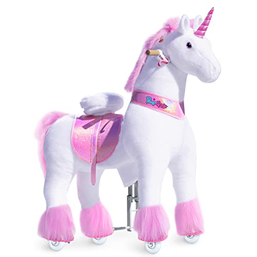 PonyCycle Klassisch Modell U Fahrt auf Einhorn Laufendes Tier Plüschtier Reitendes Einhorn auf Rädern (mit Bremse und Klang/ 108 cm Höhe/ Größe 5 für Alter 7+) Rosa Einhorn Ux502