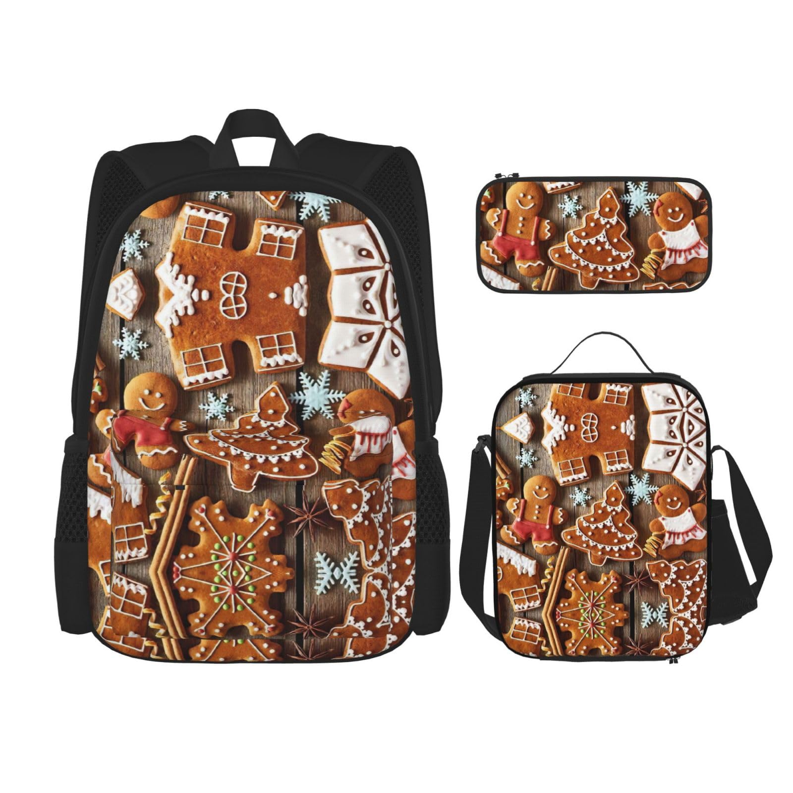 WURTON Rucksack mit Lebkuchen-Kekse-Druck, für Mädchen und Jungen, Schultaschen, Teenager, Lunchbox und Federmäppchen, 3-in-1-Büchertaschen-Set