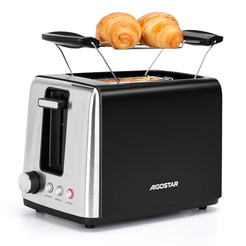 Aigostar Toaster 2 Scheiben mit Brötchenaufsatz, 7 Bräunungsstufen, extra breite Toastschlitze & Brotzentrierung, Abbruch-, Auftau- & Aufwärmfunktionen, Krümelschublade, 750W, matt schwarz & Edelstahl