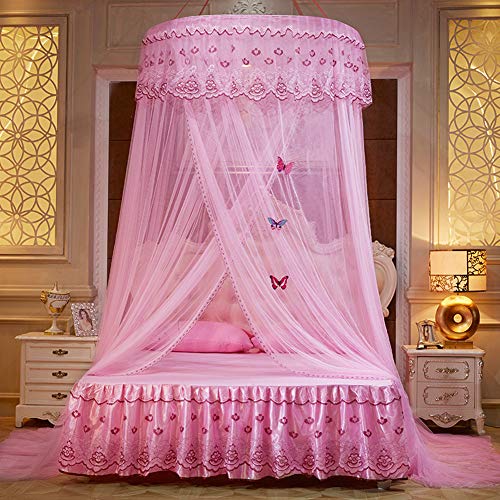 Betthimmel - romantisches Prinzessinnen-Bett mit rundem Spitze, Kuppelförmig, Moskitonetz, für Mädchen, Queensize-Bett mit 2 Schmetterlingen