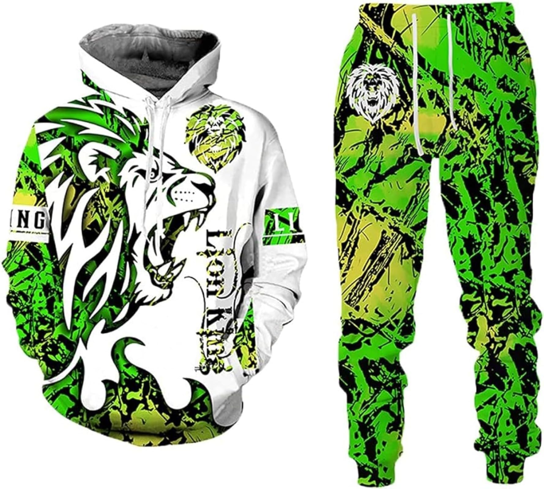 RIAAJ 3D Herren Lion Tiger Colour Jogging Anzug Trainingsanzug Sportanzug Fitness Sporthose Hose Hoodie (A1,L)