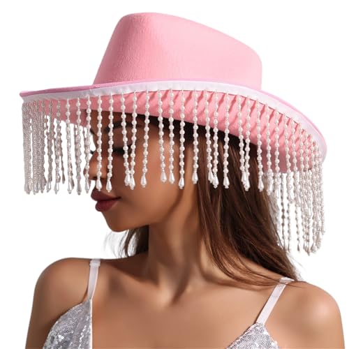 Meiliyizu Westernhut für Damen, Cosplay, Rollkrempe, Hut, Fransen, Strass, Hut, Junggesellinnenabschied, Kopfbedeckung, Zubehör