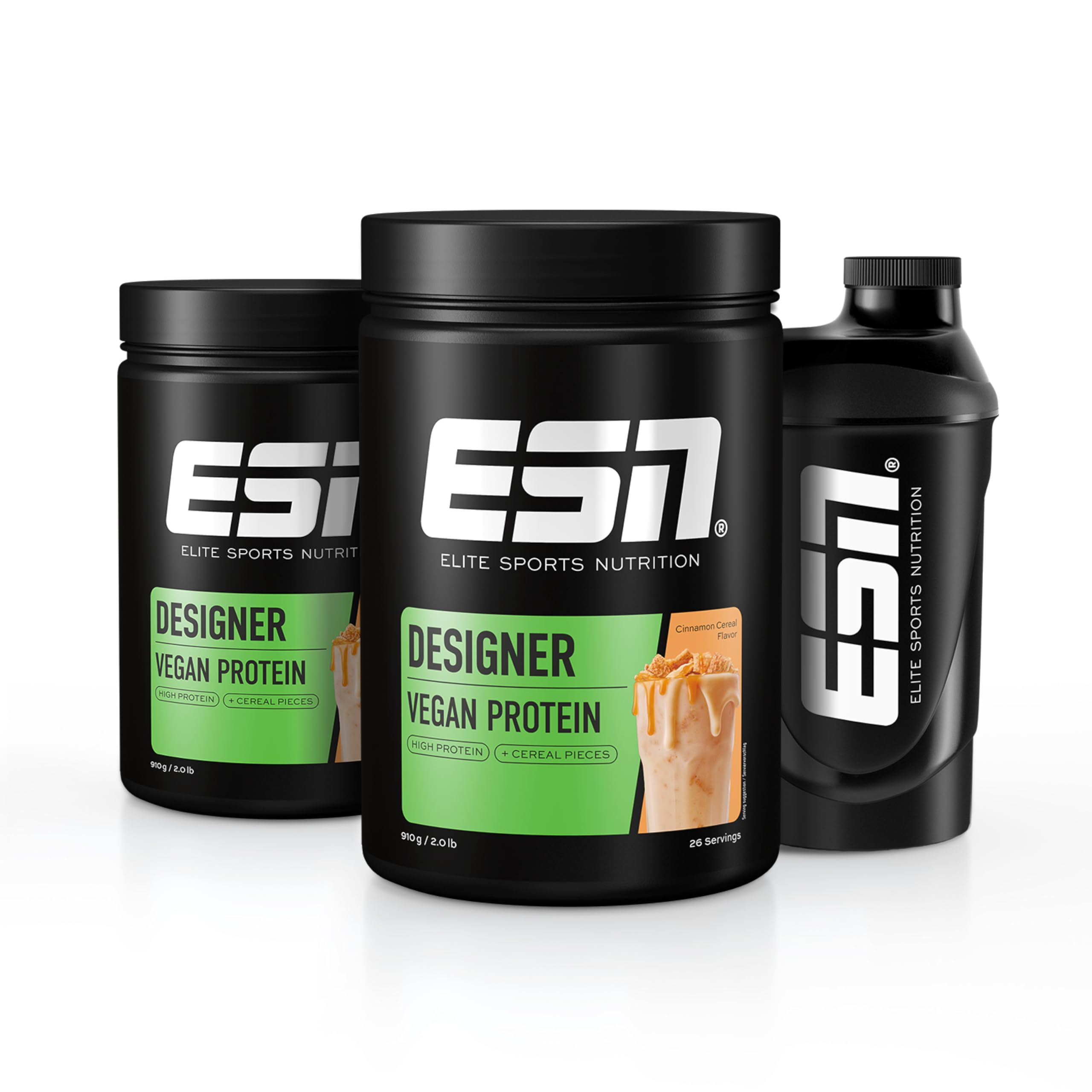 ESN Vegan Designer Proteinpulver + Gratis Shaker, Cinnamon Cereal, 2 x 910 g, Cremige Konsistenz mit Erbsen-, Hanf-, und Sonnenblumenprotein, geprüfte Qualität - made in Germany