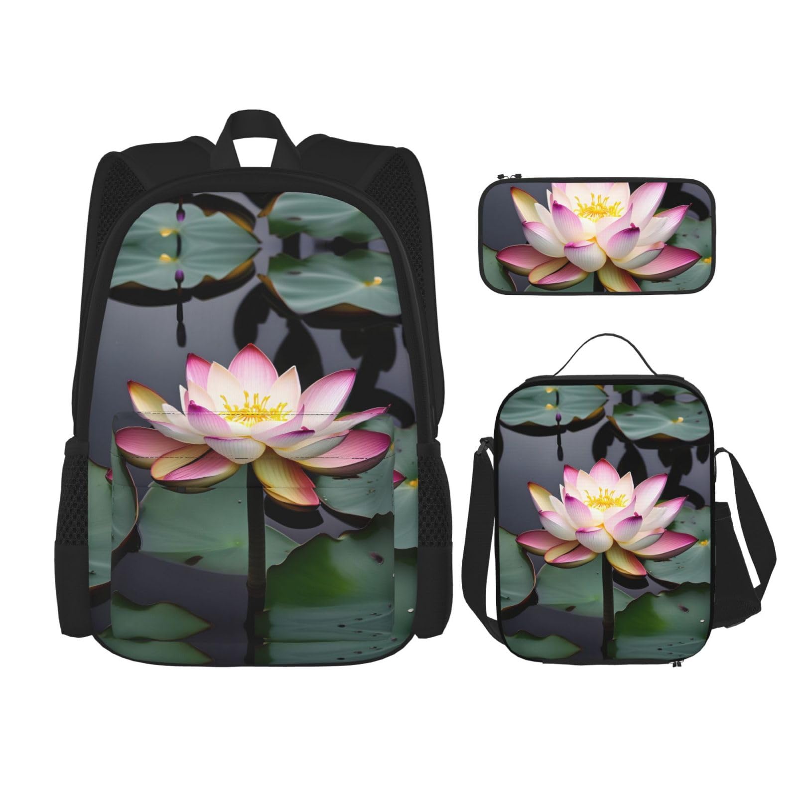 WURTON Lotusblume weiß bedruckt Lunchbox Federmäppchen Rucksack Set 3 Stück verstellbare Träger langlebig leicht, Schwarz, One Size