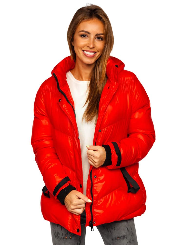 BOLF Damen Winterjacke Steppjacke mit Kapuze Daunenjacke Reißverschluss Sportjacke Zip Wärme Freizeit Outdoor Basic Casual Style 23065 Rot S [D4D]