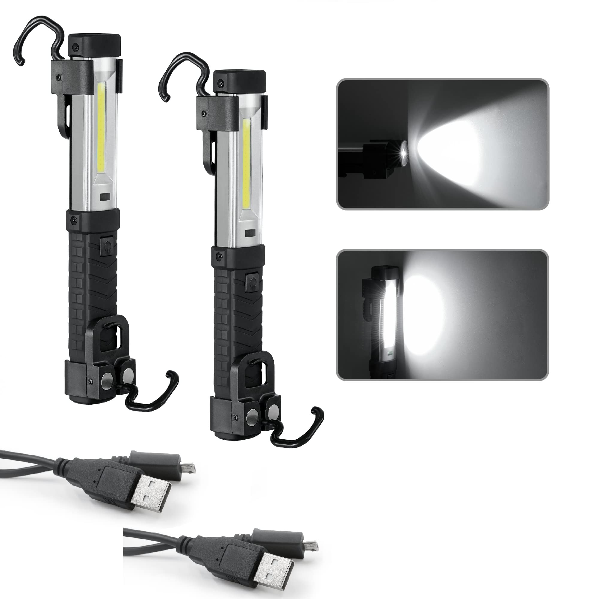 Wiederaufladbare LED USB Arbeitsleuchte mit 2 Haken und Magnet - COB + XPE Taschenlampe Werkstattlampe Inspektionsleuchte für Auto Reparatur, Werkstatt, Camping - Licht Reichweite ca. 300m (2er Set)