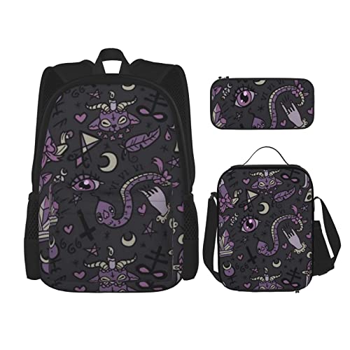 DENMER Gruselige Mehrzweck-Schultasche mit passendem Federmäppchen und Lunchtasche, Violett / Schwarz