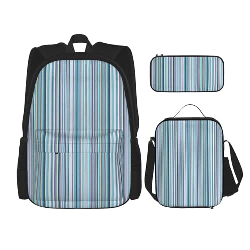 WURTON Trendige Rucksacktaschen mit vertikalem Streifendruck, Lunchbox und Federmäppchen, 3-in-1, verstellbares Rucksack-Set