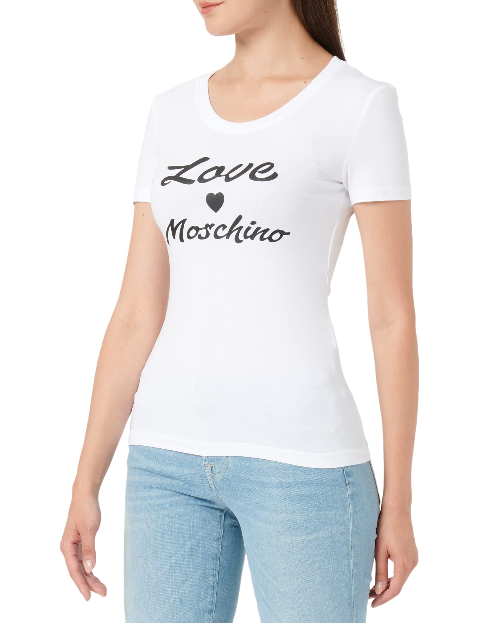 Love Moschino Damen Tight-fitting Short Sleeves With Cursive Brand Print T Shirt, Optical White, 40 EU