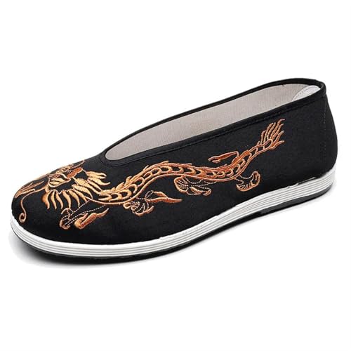 Old Peking Stoffschuhe Herren Weiche Sohle Chinesische Stickerei Herrenschuhe Chinesischer Stil Runde Mund Freizeitschuhe Stoffschuhe, Golden Dragon, 41 1/3 EU