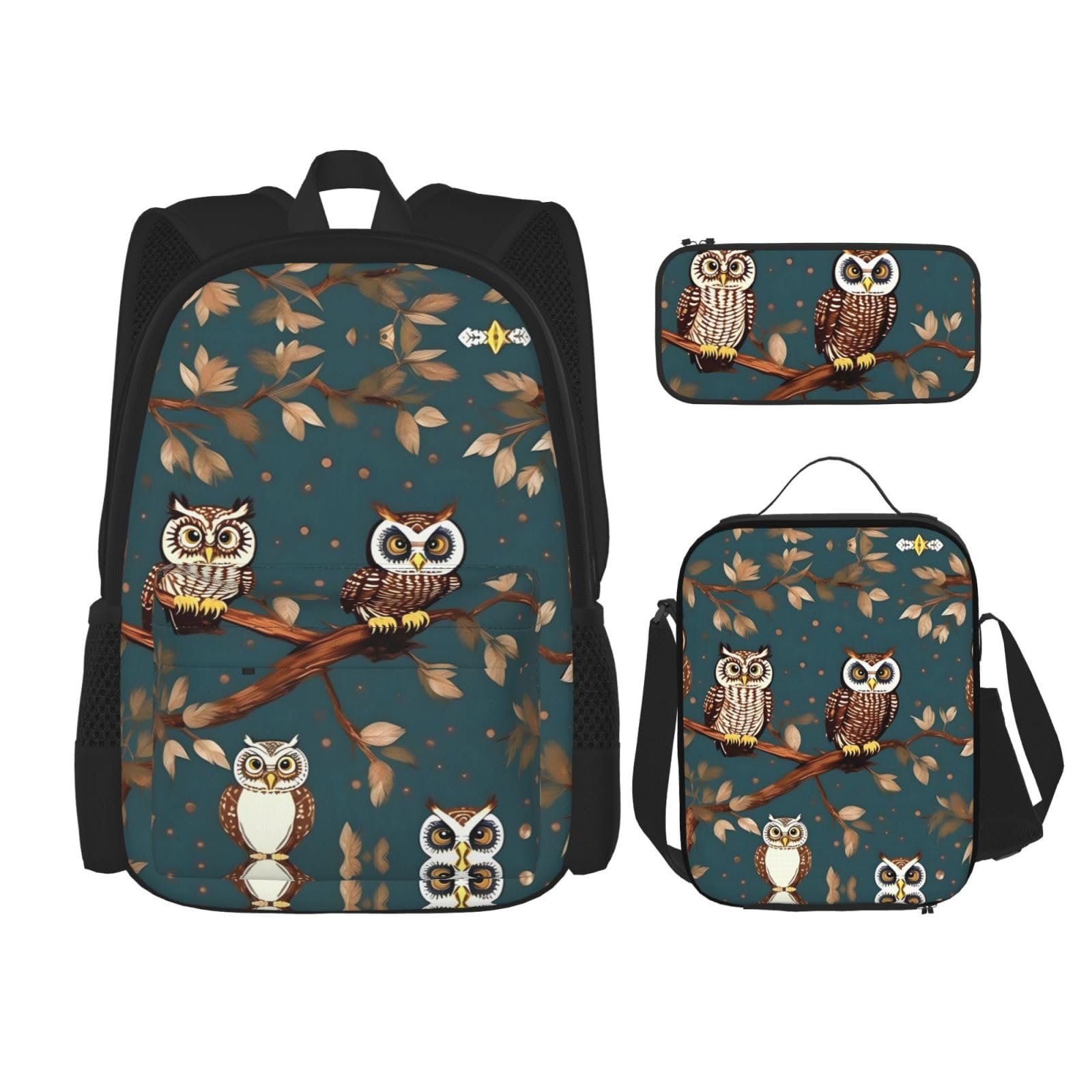 WURTON Magic Owels Print Lunchbox Federmäppchen Rucksack Set 3 Stück Verstellbare Träger Langlebig Leicht, Schwarz, One Size