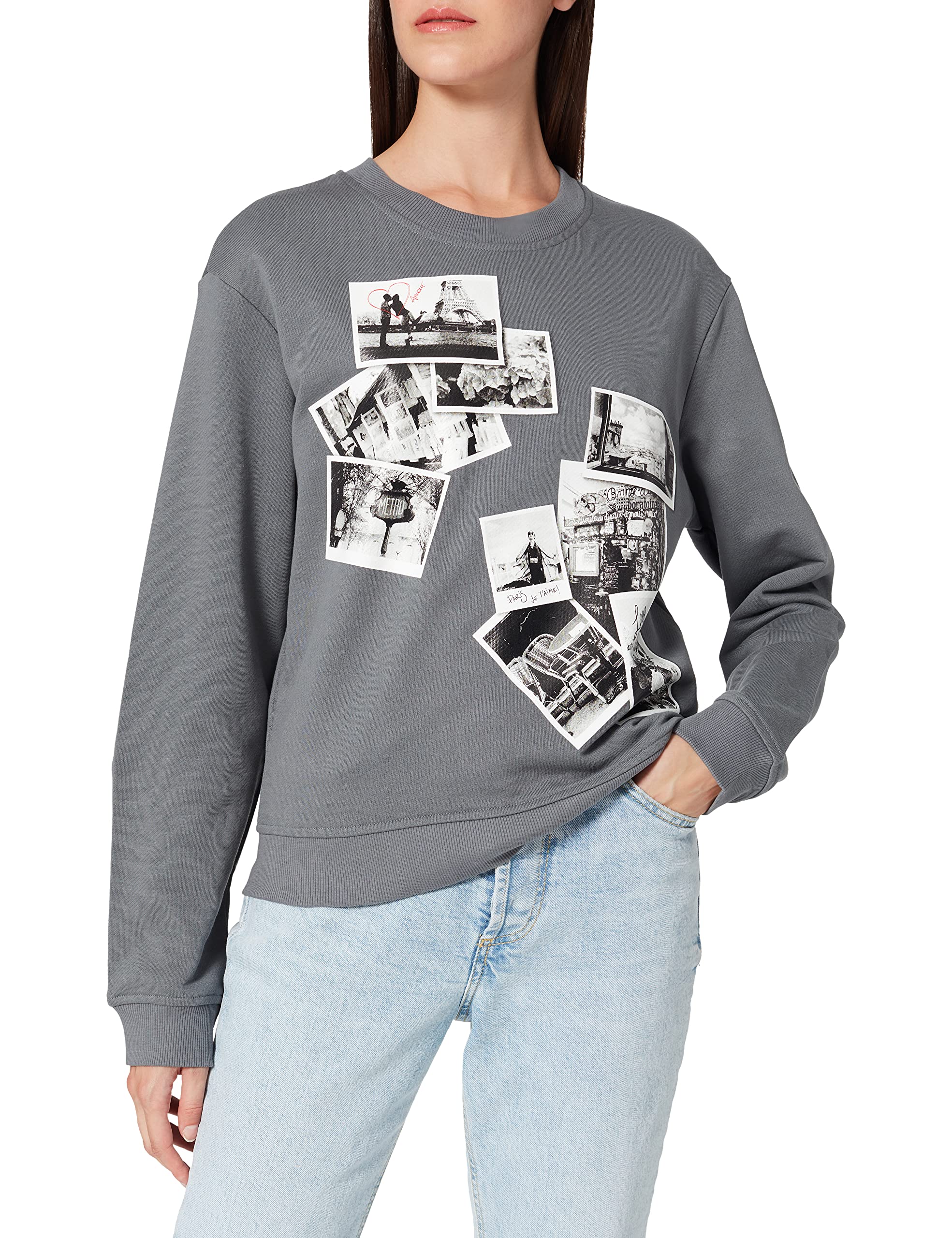 Love Moschino Damen Round Neck Long Sleeved 100% Cotton fleecewith Romantic Black and White Photos Print Sweatshirt, Dark Gray, 38