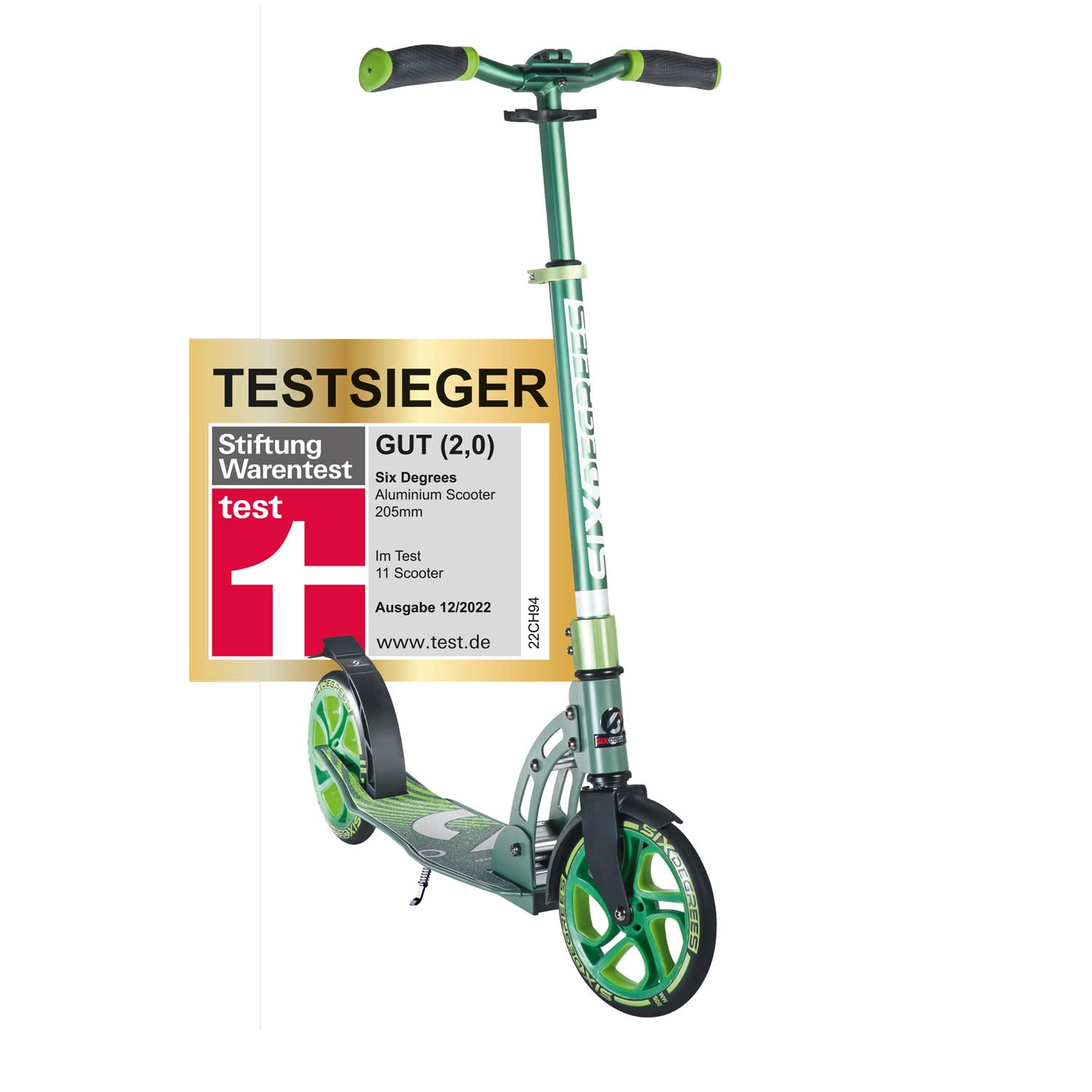 SIX DEGREES Aluminium Scooter mit Klappmechanismus u. Ständer, 205 mm, höhenverstellbar, GS-geprüft, grün, TESTSIEGER