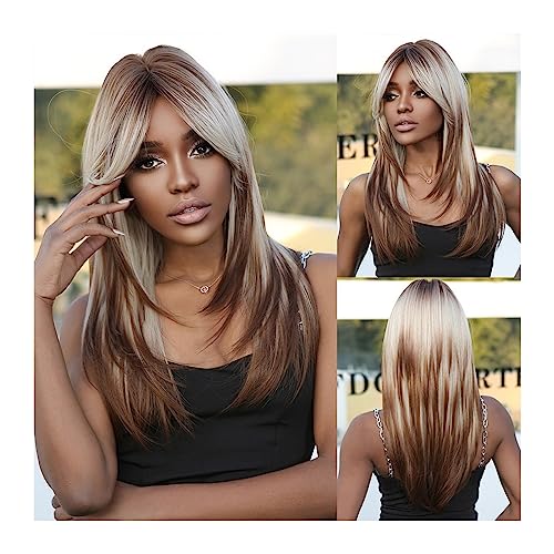 Perücken Lange gewellte synthetische Perücken, schwarze geschichtete Perücken mit Pony for Afro-Frauen, Party, Cosplay, hitzebeständige natürliche weibliche Perücke Damenperücke(Color:Wig-lc2068-8)