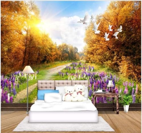 Spätherbstliche Wälder Wege Vögel Lila Blumen 3D Tapete Poster Restaurant Schlafzimmer Wohnzimmer Sofa TV Dekorative Wand-430cm×300cm