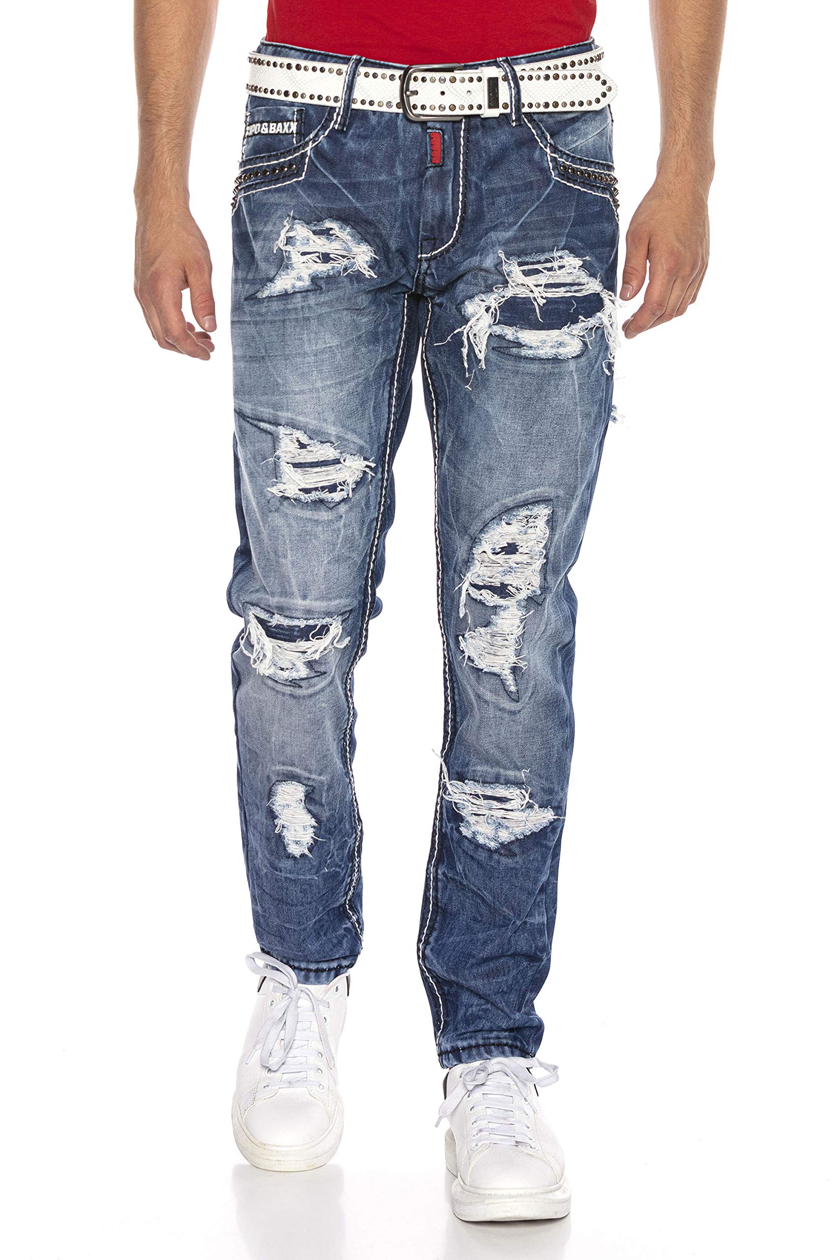 Cipo & Baxx Herren Destroyed Jeans Hose Denim Regular Fit Jeanshose Straight Nieten Bikerhose CD644 Blau W33 L32