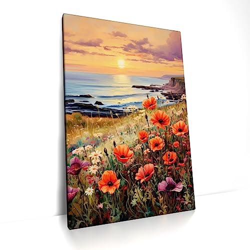 CanvasArts Frühling/Sommer Blumenwiese C - Leinwand Bild - Blumen Meer Landschaft Sonne Küste Wiese (60 x 40 cm, Leinwand auf Keilrahmen, Blumenwiese C)