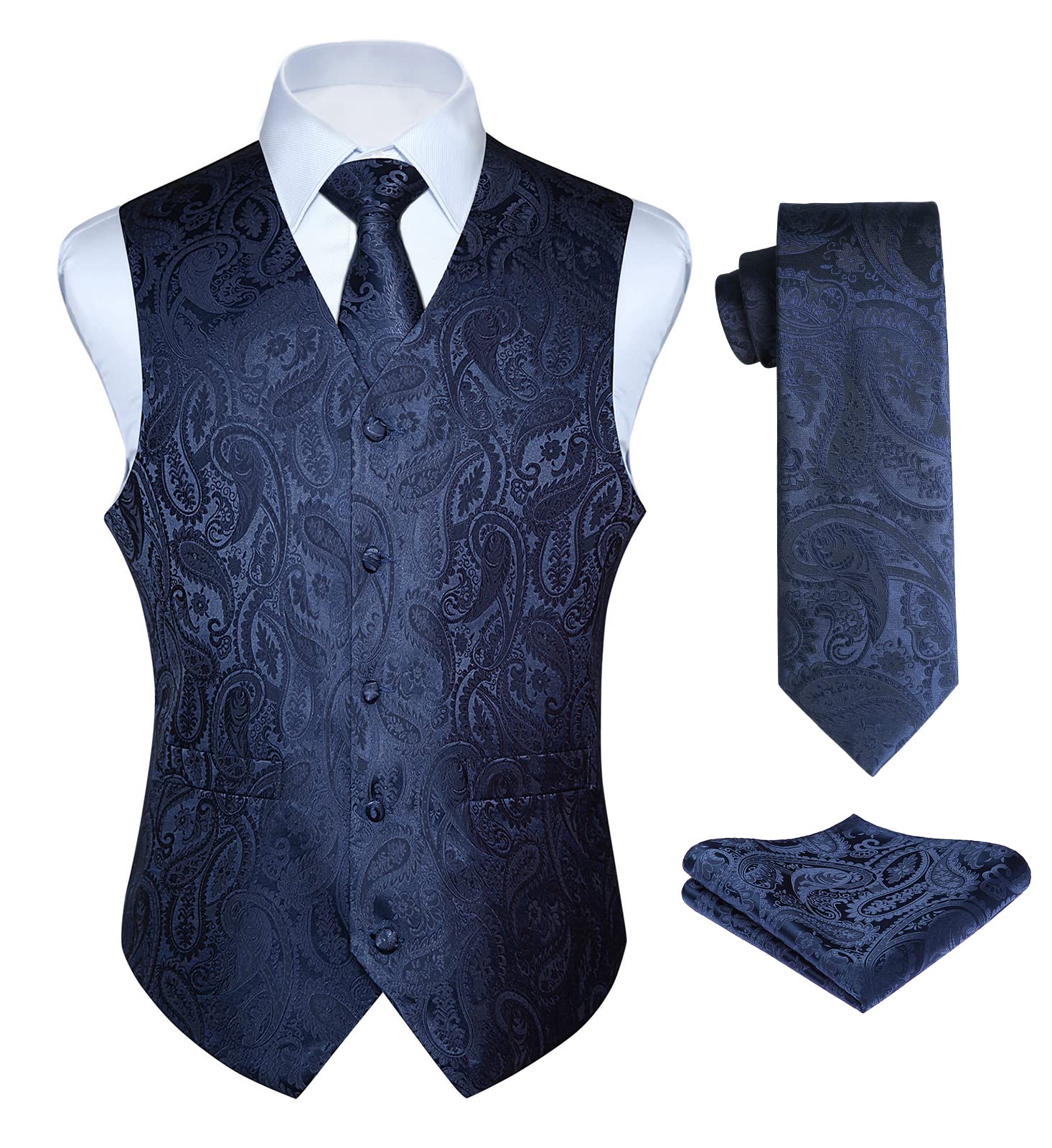 Enlision Anzugweste Navy blau Herren Hochzeit Paisley Westen & Krawatte Einstecktuch Party Floral Jacquard Anzug Weste Set M