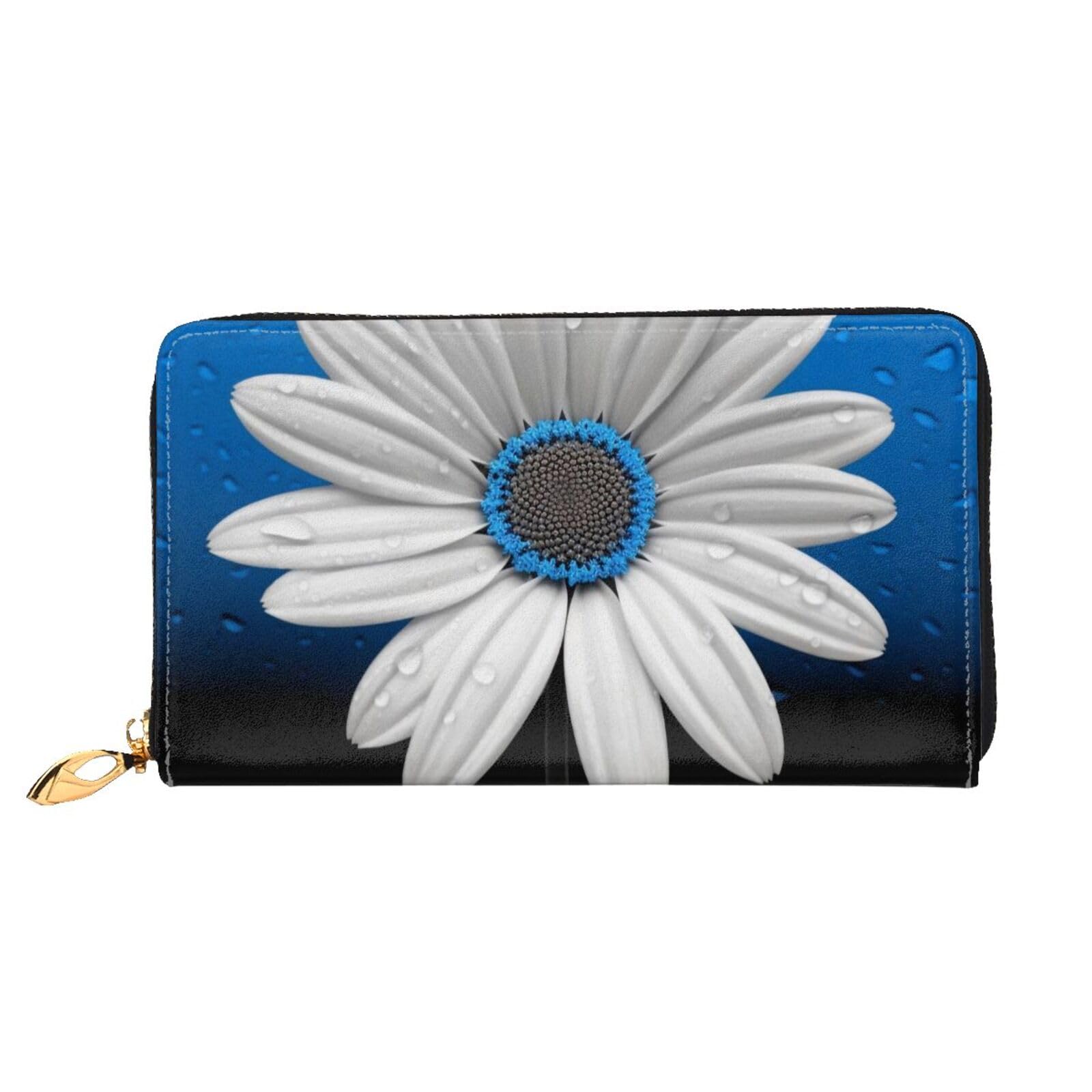 DENMER Gelbe Blumen Schmetterlinge Leder Geldbörse Kunstleder mit metallischem Reißverschluss geräumiges und stilvolles Accessoire für moderne Frauen Produkt, Weiß/blaue Gänseblümchen, Einheitsgröße,