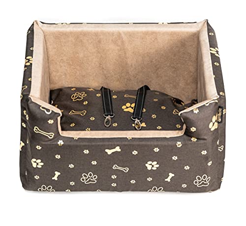 BOUTIQUE ZOO Hunde Autositz | Autositz für Hunde, Katzen, Haustier | Rückbank, Beifahrersitz | Hundebett, Hundetasche | Polyester, Wildlederimitat | Farbe: Braun, Gold | Große: M (47x40 cm)