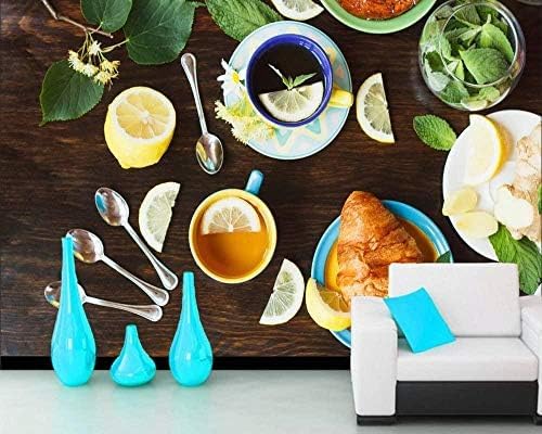 XLMING Zitrone Tee Croissant Tasse Löffel Lebensmittel Küche Restaurant Cafe Bar 3D Tapeten Home Esszimmer Sofa Schlafzimmer Wohnzimmer TV Hintergrund-430cm×300cm