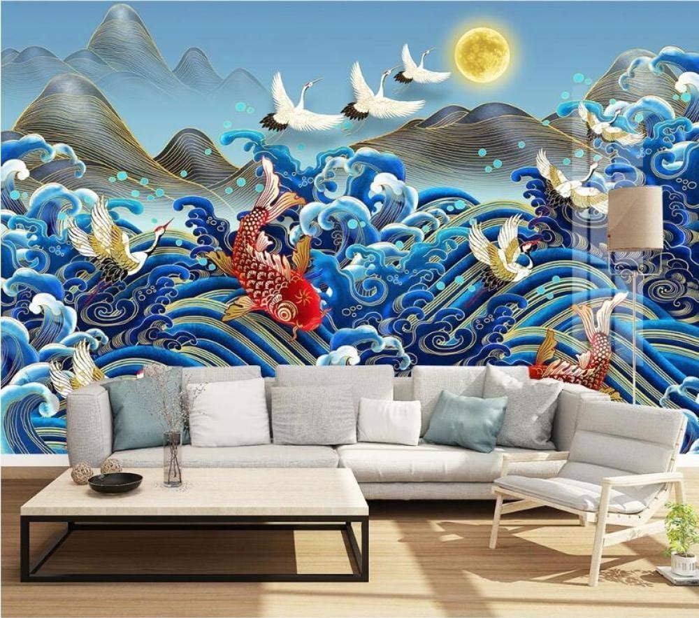 Abstrakte Wellen Fische Kraniche Mond 3D Tapete Poster Restaurant Schlafzimmer Wohnzimmer Sofa TV Dekorative Wand-430cm×300cm