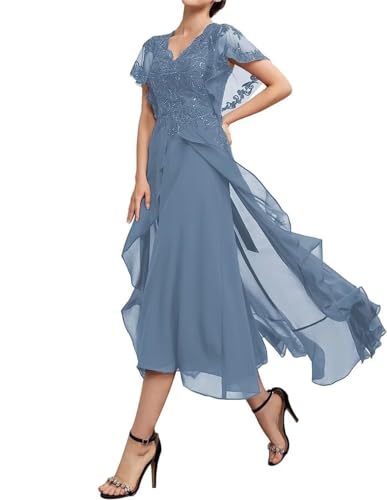 SAMHO Frauen Rüschen Ärmel Tee Länge Mutter der Braut Kleider Perlen Spitze Chiffon Formale Abendkleid, dusty blue, 52