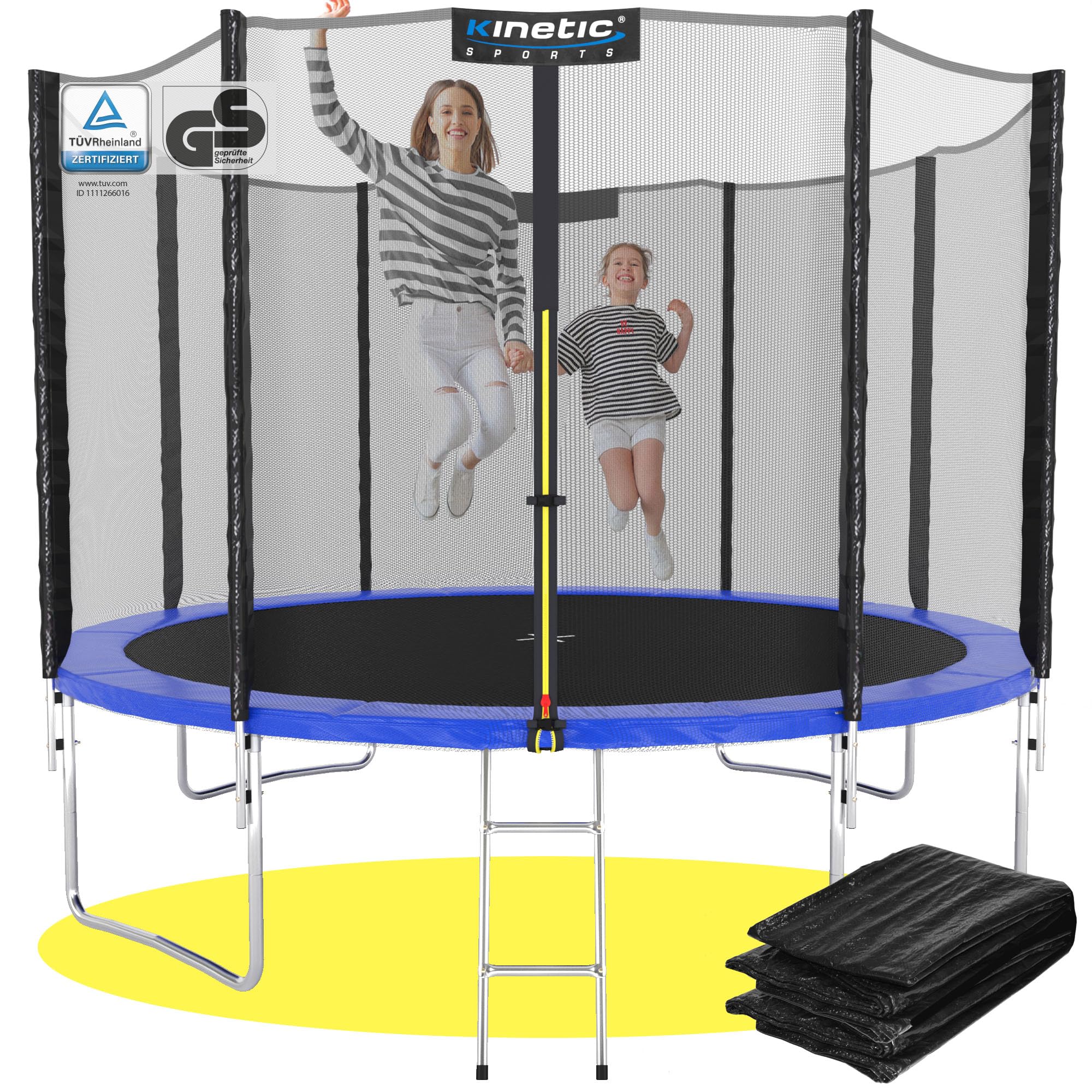 KINETIC SPORTS Trampolin Outdoor 'Salto Plus' Ø 244 cm – TÜV Rheinland geprüft, Komplett-Set für Kinder, USA Sprungtuch, Netz, Randpolster, Leiter – bis 120 kg, Blau