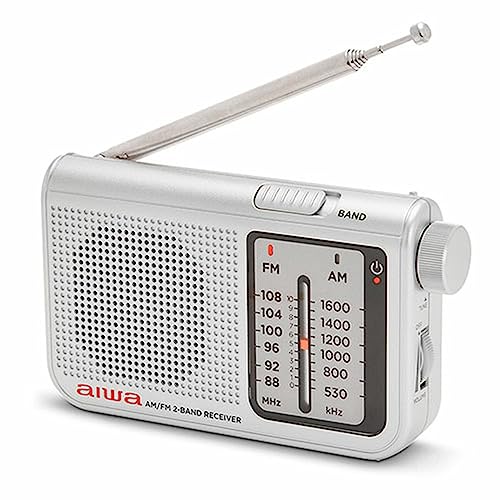 Aiwa RS-55/SL Pocket AM/FM Radio mit High Definition Aufdio, Heasphone Eingang, inklusive Metall-Stereo-Kopfhörern Silber