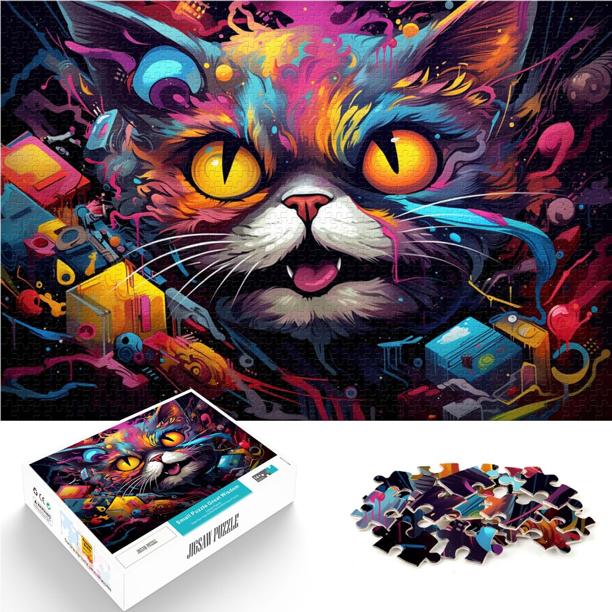 Puzzles Geschenke Spielzeug psychedelische Katze Puzzle für Erwachsene 1000 Holzpuzzle Spielzeug Puzzles Lernspiele Stressabbau Puzzles 1000 Teile (50x75cm)