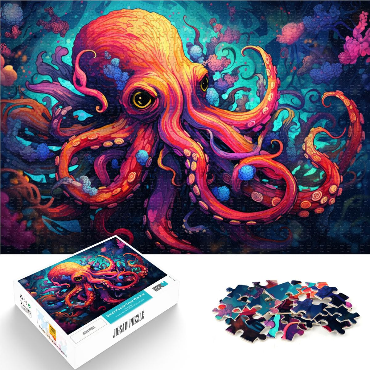 Puzzle-Spiele. Farbenfrohes Fantasietier-Oktopus-Puzzle mit 1000 Teilen aus Holz eignet ganze Familie und die 1000 Teile (50 x 75 cm)