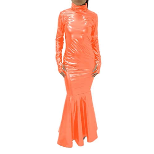 PVC-Kleid Rollkragen Kunstlatex Kleid Rüschen Kante Kleid Lange Ärmel mit Fäustlingen Party Nacht Clubwear, Orange, XXL