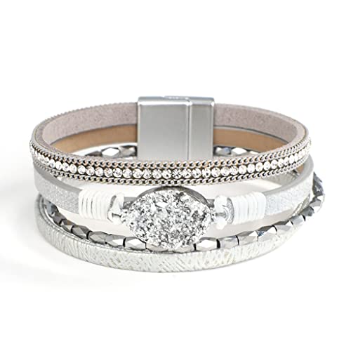 YIHANSS Lederarmbänder Verschluss Damen Boho Mehrschichtiger Manschettenarmreif Kristallperlenarmband